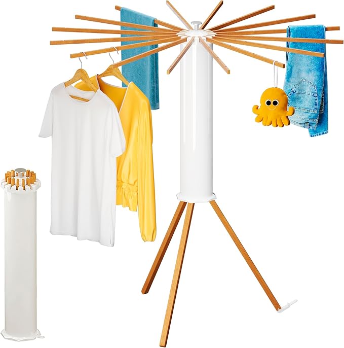 Cylinder Tripod Clothes Drying Rack - 16 Expandable Rods | Standing Octopus Drying Rack Clothing | Space Saving Master | Collapsible Compact for Laundry Room Household & Indoor | Solid Wood