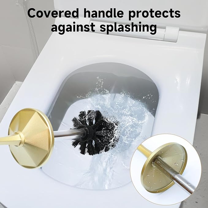 Gold Toilet Brush and Holder，Extra Long Handled Toilet Brush for Bathroom，Stainless Steel Heavy Duty Toilet Bowl Brush,Deep Cleaning Modern Toilet Cleaner Brush -Space Saving, Covered Brush, Durable