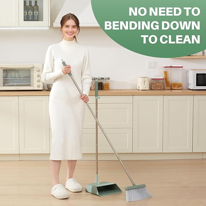JOYMOOP Dark Teal Green Broom and Dustpan Set, Upright Angle with Built-in Comb Teeth, Ideal for Home, Office, Hardwood, Pet Hair