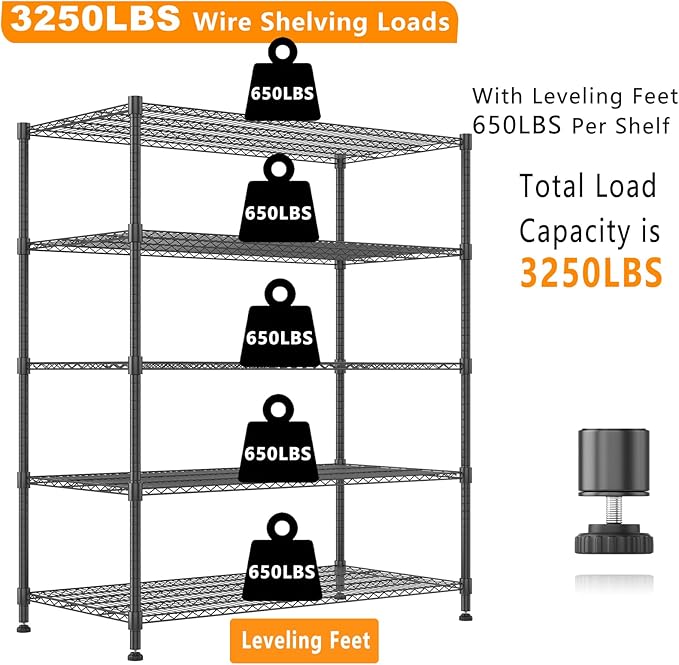 Himimi Storage Shelves 60"W Wire Shelving with Wheels 3250LBS Heavy Duty Metal Shelves for Storage, 5-Tier Adjustable Wire Rack Shelving Garage Shelving Kitchen Storage Shelves 24"Dx60"Wx82"H, Black