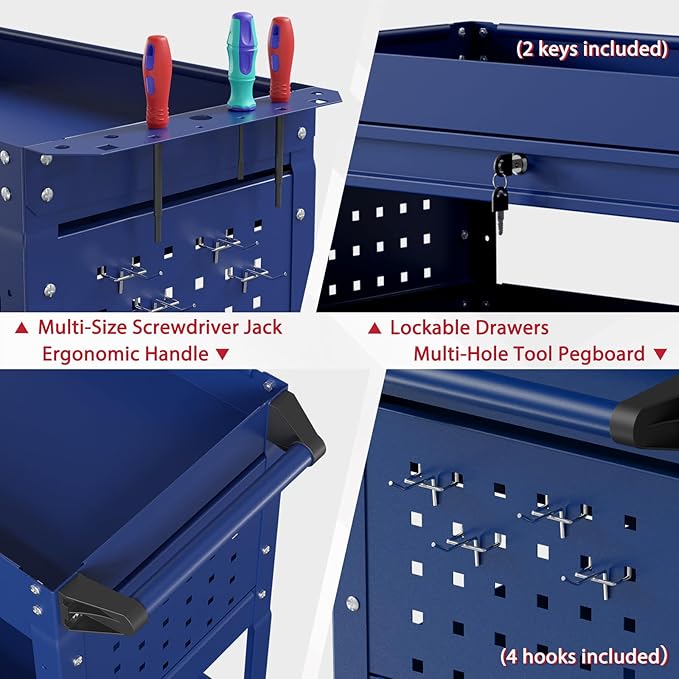 3 Tier Rolling Tool Cart on Wheels, Heavy Duty Service Cart Industrial Utility Cart with Drawer and Screwdriver Rack Pegboard, 550 LBS Mobile Tool Storage Organizer for Garage, Workshop (DARKBLUE)