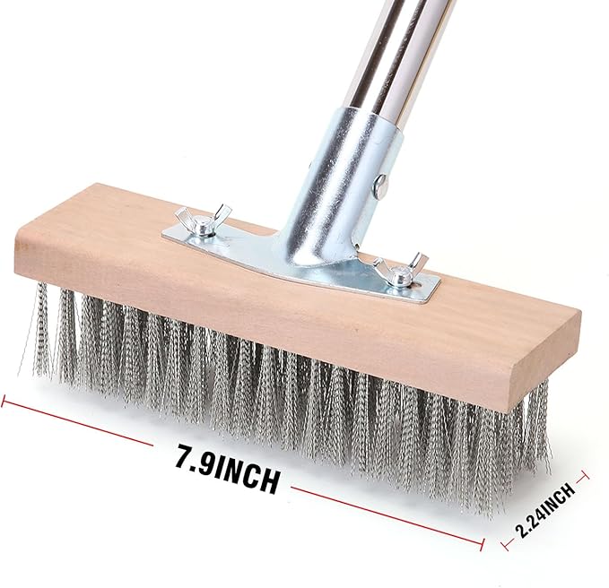 MAXMAN Stainless Steel Floor Scrubber Scrub Brush with Long Handle, Deck Brush, 63" Heavy Duty Outdoor Push Broom, Moss Remover, Wire Scratch Brush for Scrubbing Concrete, Patio, Garage, 2 Brush Head