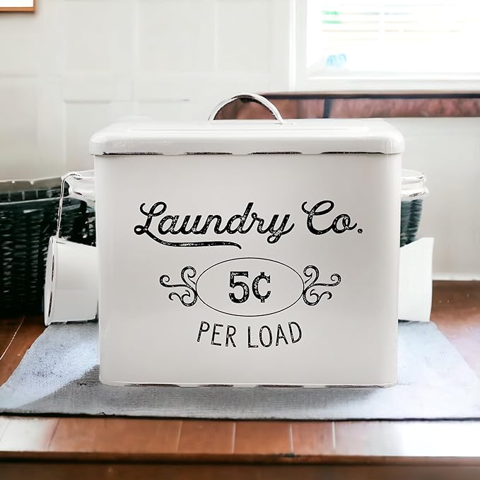 AuldHome Design Farmhouse Laundry Powder Container, White Enamelware Detergent Bin w/ Scoop