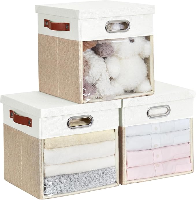 Fabric Storage Cubes with Clear Windows and Lids 11'' Foldable Storage Bins with 3 Handles, Decorative Storage Boxes for Home, Bedroom, Closet, Office (Beige & White)