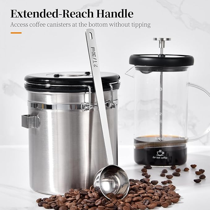 Long Handle Coffee Scoop: 8.6 Inch 18/8 Stainless Steel 2 Tablespoon Metal Measuring Spoon Tbsp Scoop for Coffee Beans, Grounds Coffee, Coffee Powder, Tea, Tall Jars (2Tbsp/30ml)