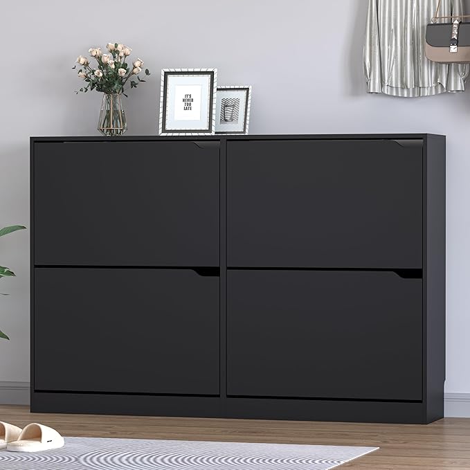 Shoe Cabinet with 4 Flip Drawers, Narrow Hidden Shoe Storage Cabinet, Slim Freestanding Shoe Rack Organizer for Entryway, Hallway, Bedroom, Living Room