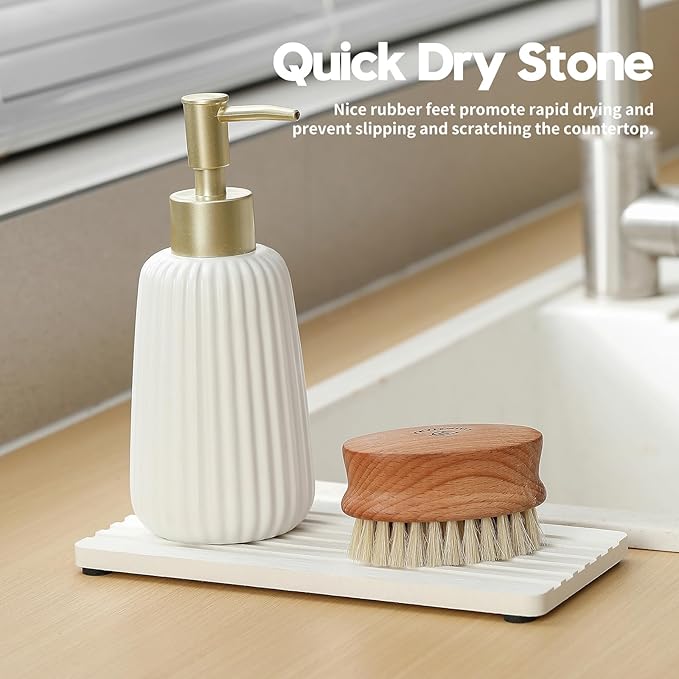 2PCS Diatomite Quick Stone Drying Tray Mat for Bathroom & Kitchen Counter, Instant Dry Water Absorbent Drink Bar Coasters,Vanity Sink Caddy Organizer,Dish Soap Sponge Holder, Ivory,8"x3.8"