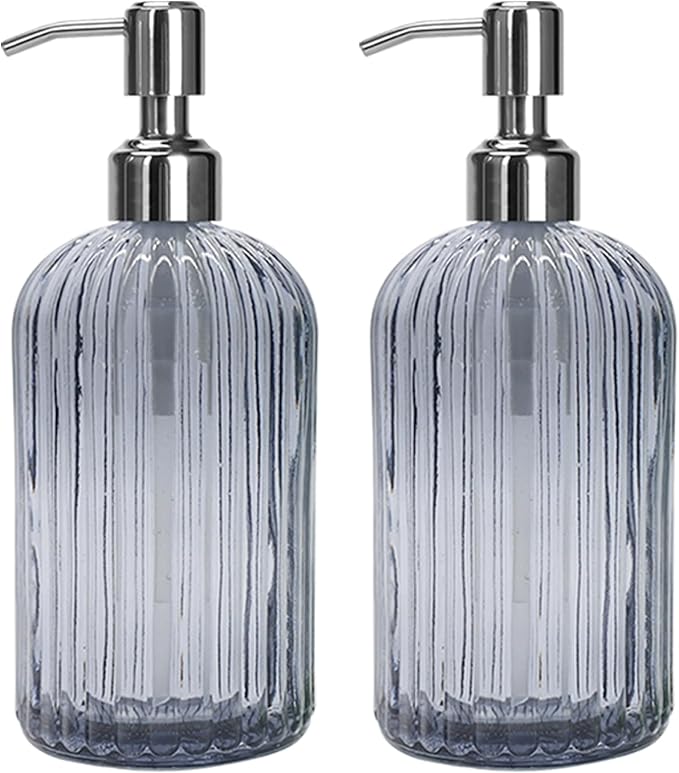 Grey Glass Soap Dispenser 18 oz, 2 Pack Hand Dish Soap Dispensers Bathroom with Stainless Steel Pump, Refillable Kitchen Liquid Decorative Bottles for Hand Sanitizer, Lotion