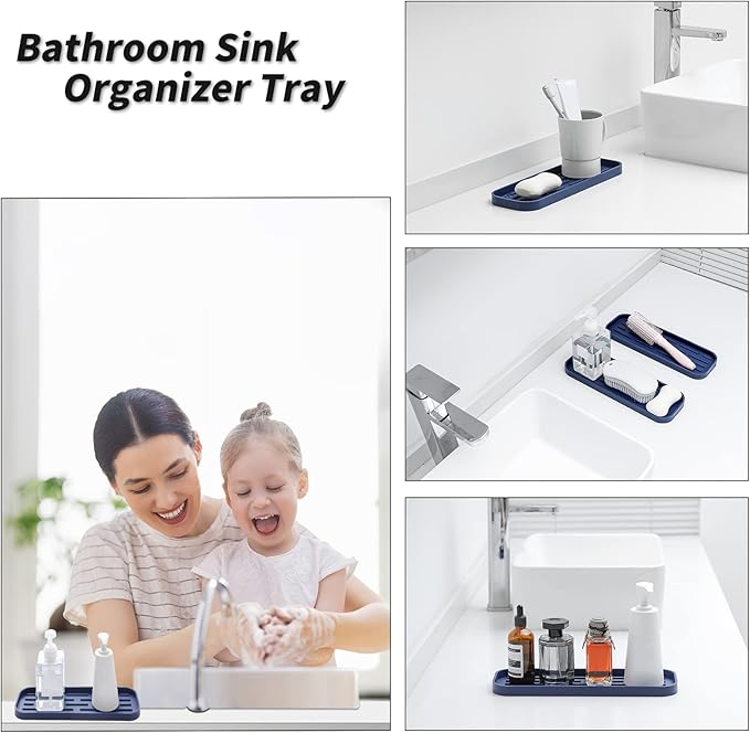 Silicone Kitchen Sink Organizer Tray for Multiple Usage,Eco-Friendly Sponges Holder for Kitchen Bathroom Counter or Sink,Dish Soap Dispenser,Scrubber,Bottle,Cup (Navy Blue, 12"×4")