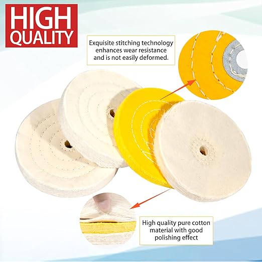 6PCS 6 Inch Polishing Wheel Kit for Bench Grinder Buffing Wheel, 1 *Yellow Cotton(42Ply), 2 *White Cotton(70Ply), 1 *Soft Flannel Polishing Wheels(30Ply) and Polishing Compound Kit