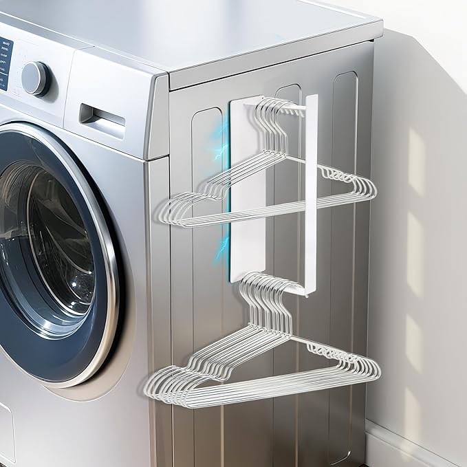 Magnetic Hanger Organizer, Strong Magnetic Hanger Holder for Washing Machine Dryer, Laundry Room Organization Space Saving Hanger Storage Rack Stacker, White
