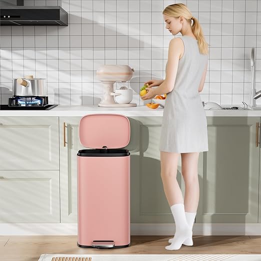 Arlopu 8/13.2 Gallon Step Trash Can, Stainless Steel Garbage Bin, Soft-Close Rubbish Bin with Removable Plastic Inner Bucket, Fingerprint-Proof, Lid Dustbin, Suit for Kitchen Home (Pink, 50L)