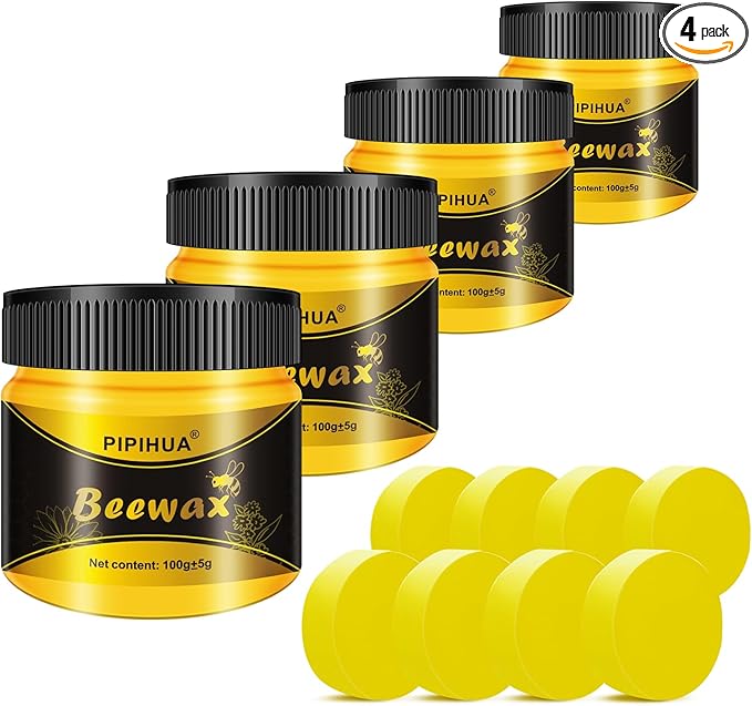 PIPIHUA Beeswax Polish and Conditioner for Wood Furniture - Waterproof & Restorer Wood Wax, Multipurpose Beeswax Furniture Polish and Cleaner for All Types and Colours(4×100g with 8 Sponges)