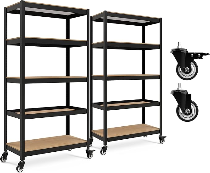 HOMEDANT House 5-Tier Metal Rolling Cart Shelf Rack Casters Heavy Duty Laminated Wheel Shelving Unit Adjustable Utility Storage Shelves Organizer Shelf Kitchen Garage 36.2" W x 16.5" D x 69.5" H 2Pack