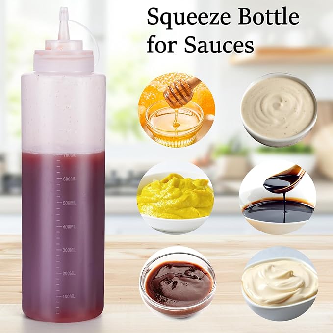 Condiment Squeeze Bottles Ketchup Dispenser, 6 Pack 32oz Squeeze Bottles for Liquids, Plastic Sauce Bottle with Cap Lid, Squirt Bottles for Sauces Liquids BBQ Dressing Pancake Art