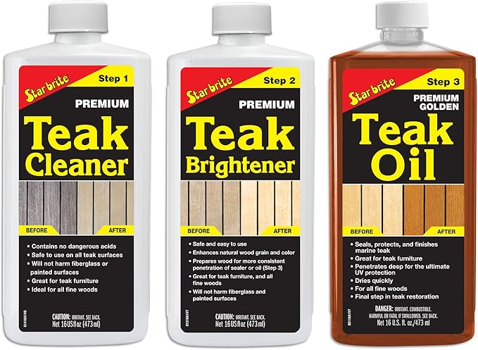 STAR BRITE Teak Care 3 Step Kit - Teak Cleaner + Teak Brightener + Teak Oil - 16 OZ (081216)