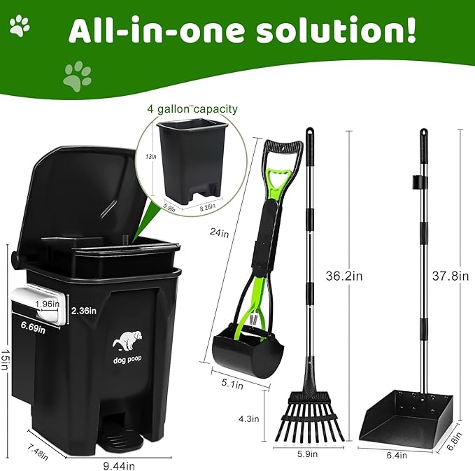 Dog Poop Trash Can Outside with Pooper Scooper and Metal Rake & Tray, 20L/5Gal Dog Waste Trash Can with Lid, Pedal and Removable Inner Waste Bin, Pet Poop Bin with 100 Bags