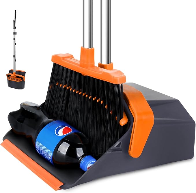 Broom and Dustpan Set with 51'' Long Handle, Upright Broom and Dustpan Combo for Home Kitchen Office Restaurant Garage Lobby Dog Cat Pets Hair - Grey and Orange