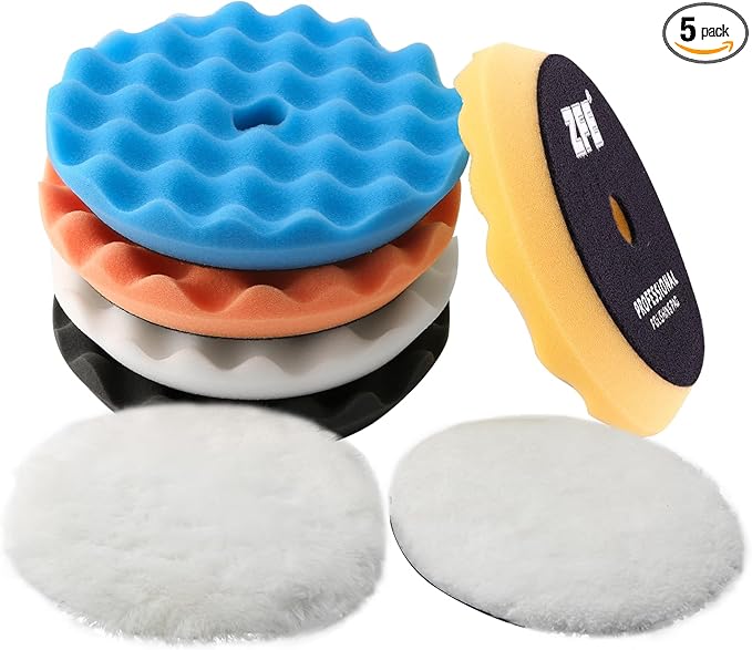 Buffing Polishing Pads, ZFE 7Pcs 5"(125mm) Waffle Foam Buffing Pads Polishing Pads Wool Pad Kit for 5Inch Backing Plate RO/DA/GA Car Polisher Boat Compounding, Polishing and Waxing