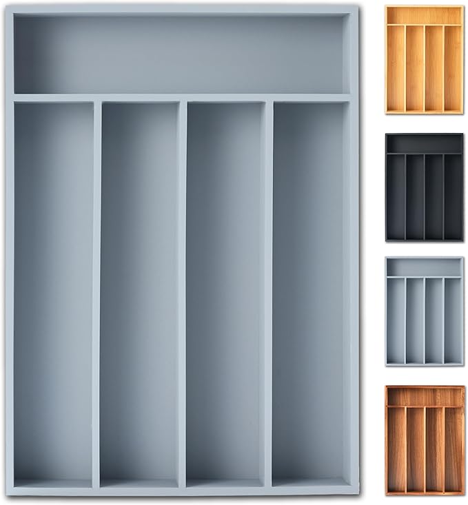 Silverware Organizer, 10 Inch Utensil Organizer Kitchen Drawer Organizer Bamboo Silverware Holder Cutlery Tray Organizer in Drawer Flatware Organizer Tray(5 slots, Gray）
