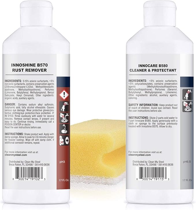 CLEAN MY STEEL Stainless Steel Rust Stain Remover, Protector & Cleaner Kit, Concentrated Formula, for Commercial Use, Appliances. Gloves & Sponge Included (17 oz)