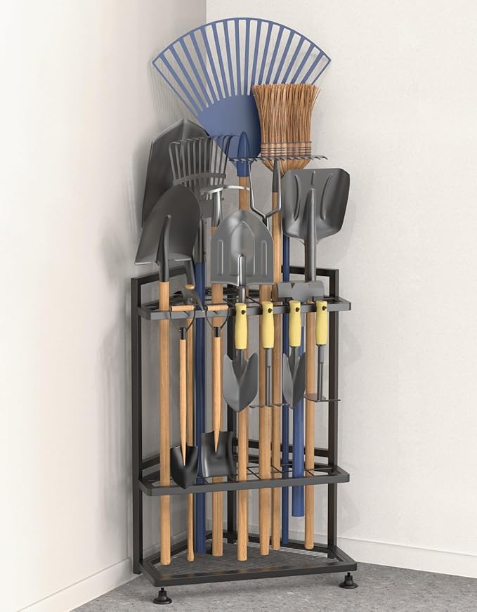 Garden Tool Organizer for Corner,Metal Yard Tool Organizer for Long-Handled Tools/Rakes/Brooms,Side Garden Pocket,Heavy Duty Steel Yard Tool Storage Rack for Garage,Shed, Outdoor