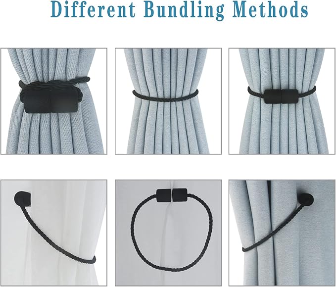 Magnetic Curtain Tiebacks 4 Pack Black Curtain Rope Tieback Curtain Holders for Drapes Modern Tie Backs Decorative Curtain Holdbacks
