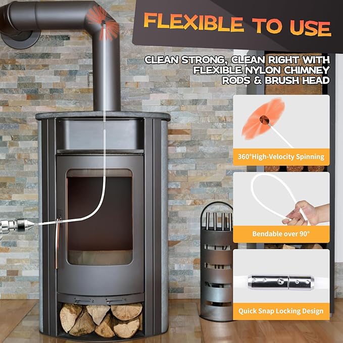 30 Feet Chimney Sweep Kit, Chimney Cleaning Kit with 9 Flexible White Chimney Rods, Chimney Brush for Sweeping Fireplace, Rotary Chimney Cleaning System Driven by Drill