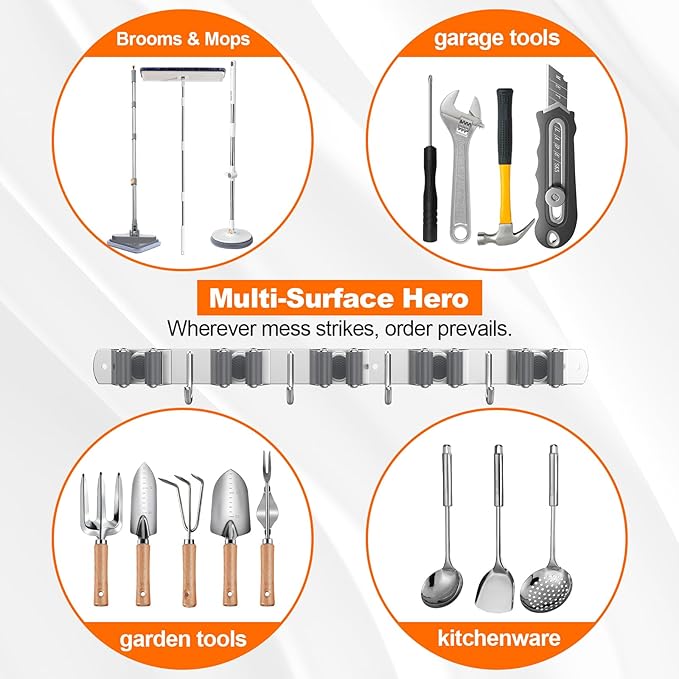 Broom Holder Wall Mount, Mop and Broom Organizer Broom Hanger Storage Tool Utility Racks Stainless Steel Wall Hooks Solid Mop Rack for Home Kitchen Garden Laundry Garage (5 Racks 4 Hooks)