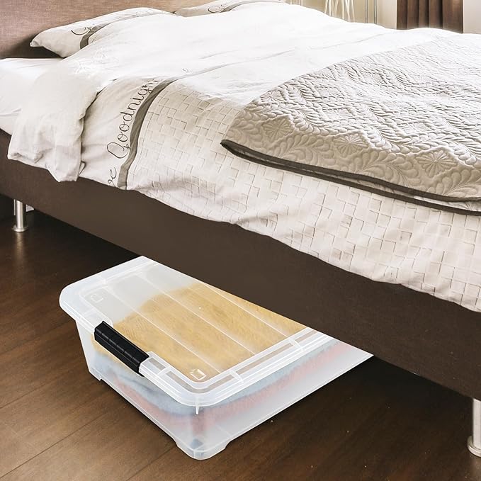 25 L Plastic Sturdy Rolling Under Bed Storage Container Bins, Clear Underbed Storage with Latching Lid and Wheels, 4 Packs