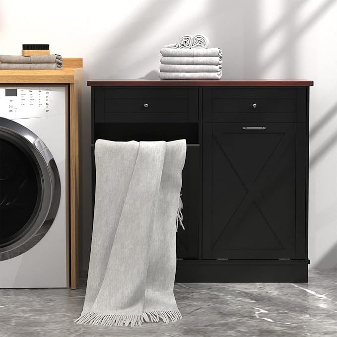 Betterhood Double Tilt Out Trash Cabinet 20 Gallon Wooden Free Standing Laundry Sorter Cabinet,Recycling Cabine with Hideaway Drawer,Tilt Out Trash Cabine Can Bin Kitchen (Black)