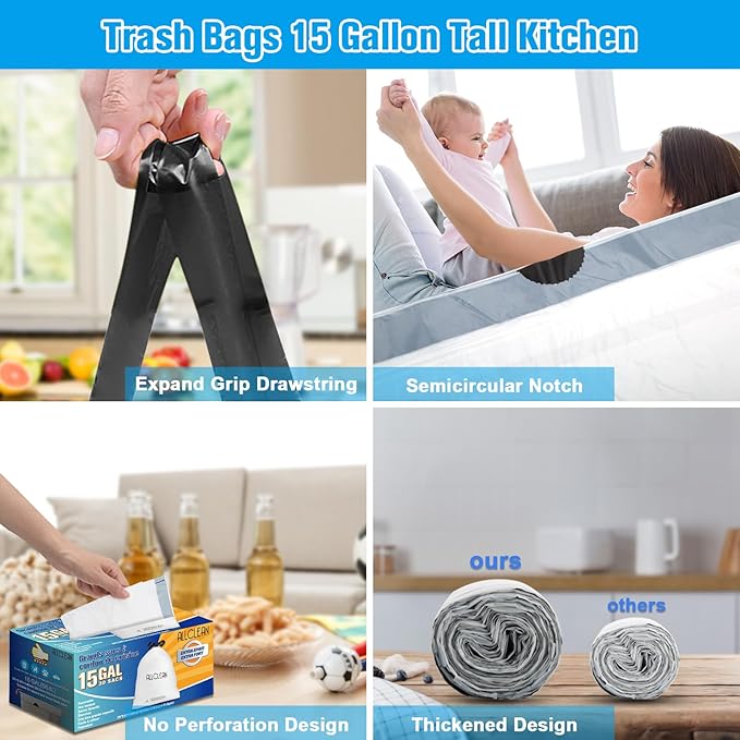 Trash Bags 15 Gallon Tall Kitchen Drawstring Garbage Bags,Fit 13-15 Gal Bins,Extra Strong&Leak-Proof,Unscented&Recyclable Trash Can Liners for Home Office Industrial Bathroom Garden Lawn
