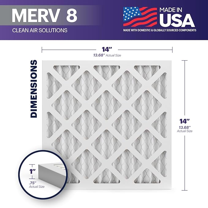 BNX TruFilter 14x14x1 Air Filter MERV 8 (6-Pack) - MADE IN USA – Dust & Pet Defense Pleated Air Conditioner HVAC AC Furnace Filters for Dust, Pet, Mold, Pollen MPR 600 – 700 & FPR 5