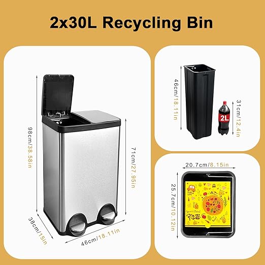 Dual Trash Can, 60 Liter/16 Gallon Dual Bin Trash Can with Lids, Trash and Recycling Bin Combo, Hands-Free Stainless Steel Kitchen Garbage Can, Silver Recycling Waste Bin for Home, Office