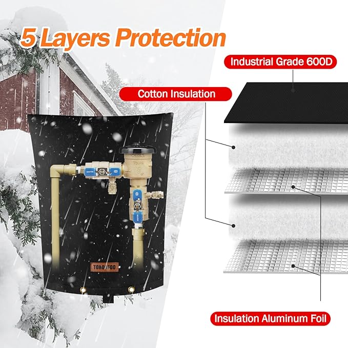 Backflow Preventer Pipe Insulation Cover (5°F) - Irrigation Sprinkler Valve Insulated Pouch - Water Well Pump Cover - Sturdy 5 Layers for Winter Freeze Protection, 14" W x 18" H, Black