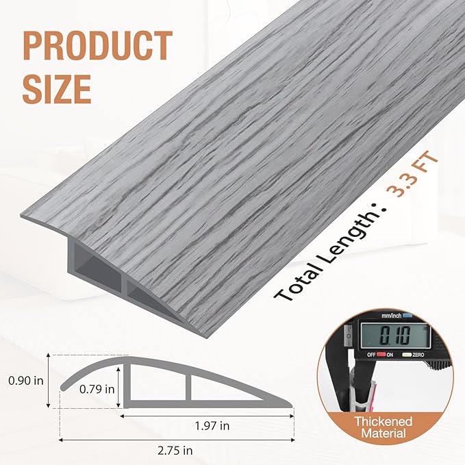 Floor Transition Strip Self Adhesive Vinyl Door Threshold for Doorways Carpet Edging Trim Overlap Edge Reducer for Laminate Floor, Carpet, Tile (Light Gray Wood Grain, 3/5" to 4/5", 3.3Ft)