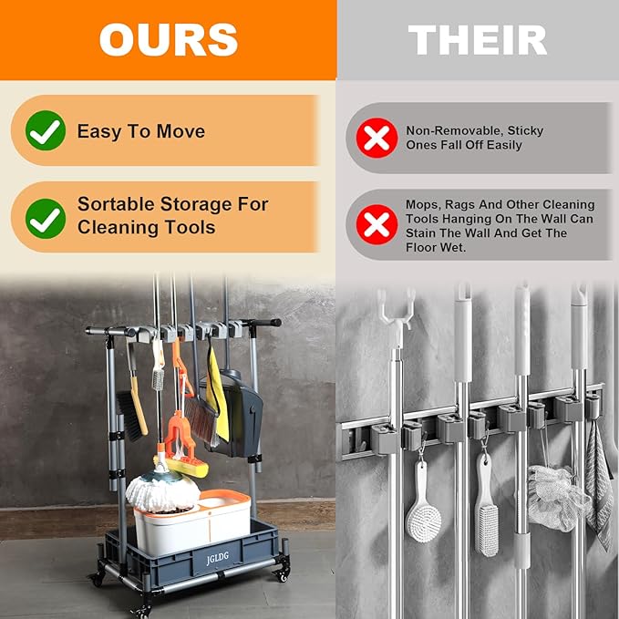 Freestanding Mobile Cleaning Tool Storage Rack, Mop and Broom Holder (M2)