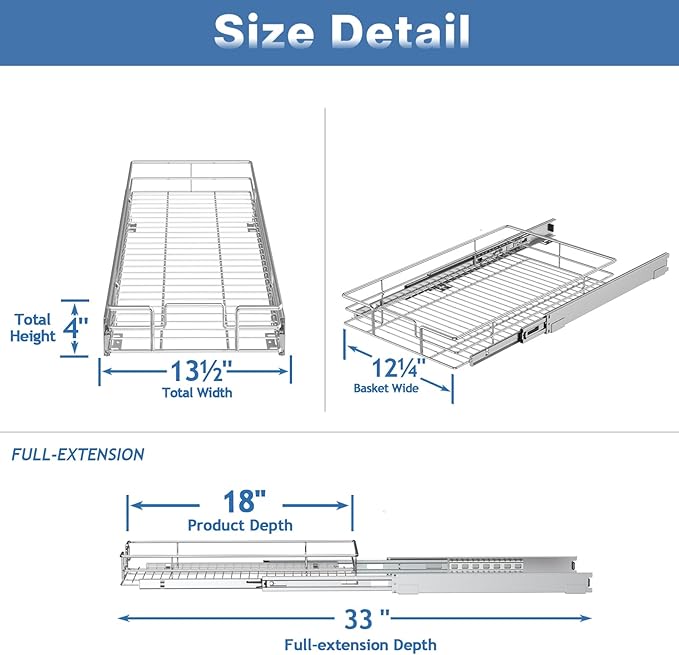 Pull Out Cabinet Organizer 13½" W x 18" D, Heavy Duty Cabinet Pull Out Shelves, Slide Out Drawers Organization for Kitchen Cabinets Bathroom