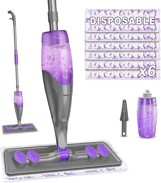 Spray Mops for Floor Cleaning - Wet Dry Mops with 6 Disposable Pads for Swiffer Powermop - Refillable Bottle for Hardwood Tile Home Kitchen - Absorbs Pet Hair Dust Stains