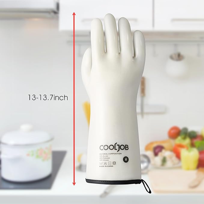 COOLJOB Heat Resistant Oven Gloves, Waterproof Liquid Silicone BBQ Grilling Gloves for Barbecue, Kitchen Cleaning, Baking, Food Contact, White, Large