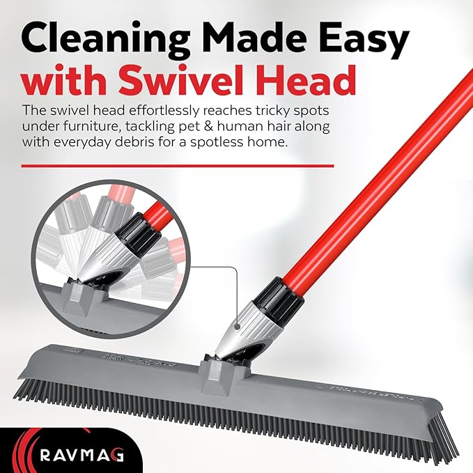 2-in-1 Silicone Rubber Broom Carpet Rake and Squeegee - Swivel Pet Hair Removal Broom with Long Handle - Slanted Side Bristles for Corners - Multipurpose Rubber Broom for Carpet, Hardwood Floor, Tile