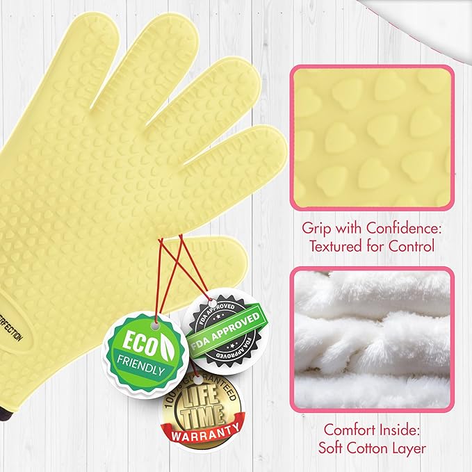 KITCHEN PERFECTION XL Silicone Smoker Oven Gloves for Women -Extreme Heat Resistant BBQ Gloves -Handle Hot Food Right on Your Grill Fryer&Pit|Waterproof Grilling Cooking Mitts|Superior Set+3 Bonuses