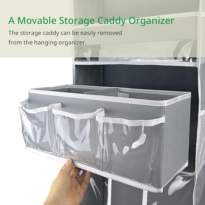 Door Hanging Storage Organizer,with 3 Bins 1 Movable Baby Diaper Caddy,1 Large capacity diaper stacking storage Organizer,10 Side Pockets ,Bedroom Door Storage for Nursery Baby Essentials.Grey 1 Pack.
