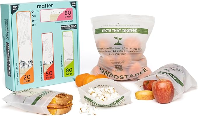 Matter Compostable Assorted Kitchen Bags, 230 Count, Biodegradable, Eco-Friendly Resealable Food Storage Variety Pack, 80 Snack, 80 Sandwich, 50 Quart & 20 Gallon