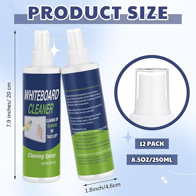 12 Pack Whiteboard Cleaner Spray Bottle 8.5oz Dry Erase Board Surface Cleaner White Board Cleaning Spray Removes Stubborn Marks from Chalkboard