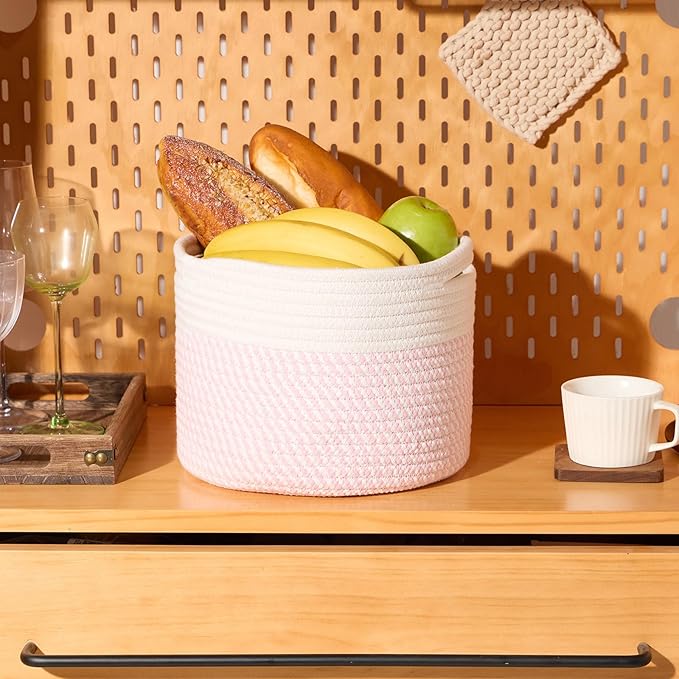 Small Basket for Organizing | Cube Shelf Closet Storage Baskets | 9.7×9.7×7.1” | Woven Rope Gift Basket | Nursery | Round 3 Packs Pink