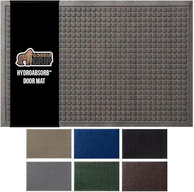 GORILLA GRIP Front Door Mat, 35x23, Indoor Outdoor Ultra Absorbent HydroAbsorb Doormat, Absorbs Up to 5.7 Cups of Water, Stain and Fade Resistant, Rubber Backing Doormats, Captures Dirt, Charcoal