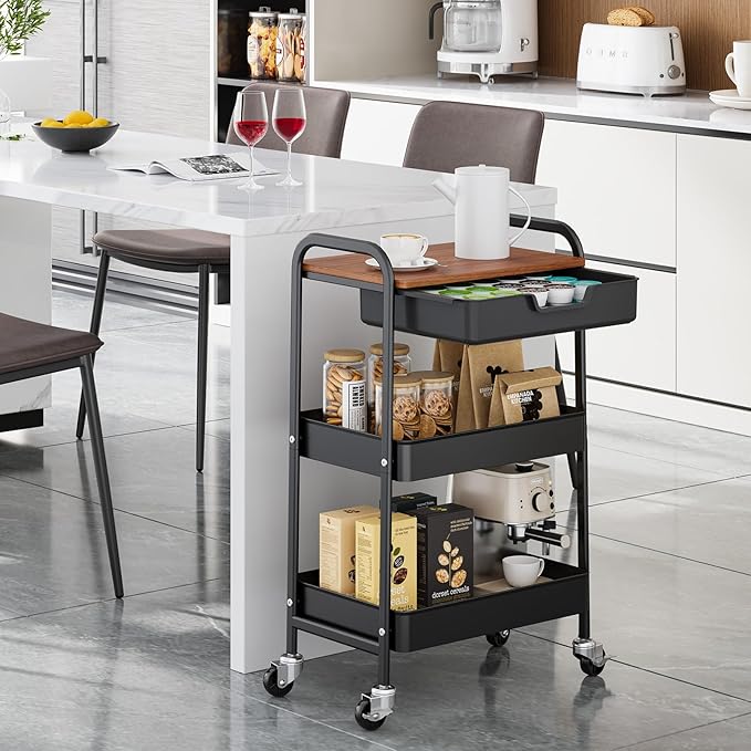 TOOLF 3-Tier Utility Rolling Cart with Wooden Board and Drawer, Metal Storage Cart with Handle, Black Trolley Kitchen Organizer Rolling Desk with Locking Wheels for Office, Classroom, Home, Bedroom