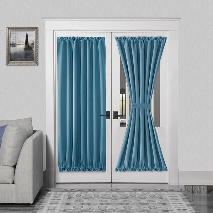 DWCN French Door Curtains – Rod Pocket Thermal Blackout Curtain for Doors with Glass Window, Kitchen and Patio Doors for Privacy, 54 X 72 Inches Long, 1 Curtain Panel with Tieback, Stone Blue