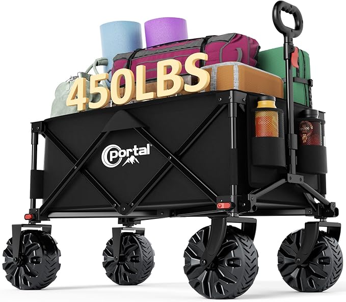 PORTAL Collapsible Folding Utility Beach Wagon Carts Heavy Duty with All Terrain Wheels for Outdoor, Camping, Garden, Shopping, Groceries, Foldable, Large Capacity, Portable, Black